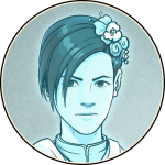 Portrait of Evie, a blue-tinted ghost surrounded by a faint glow. She's of Asian descent and looks to be in her 30s. She has straight black hair in an updo, with chin-length strands falling along the right side of her face and flowers pinned on the left side. She wears a stern expression.
