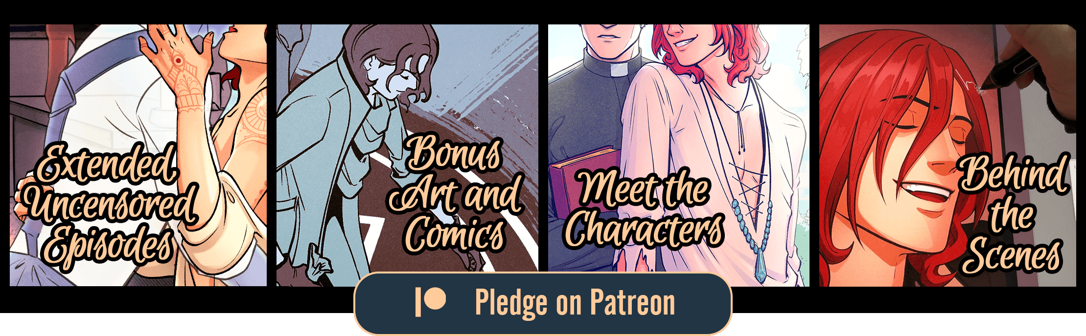 Sample art from my Patreon! Extended, uncensored episodes. Bonus art and comics. Meet the characters. Behind the scenes. Click to pledge on Patreon.