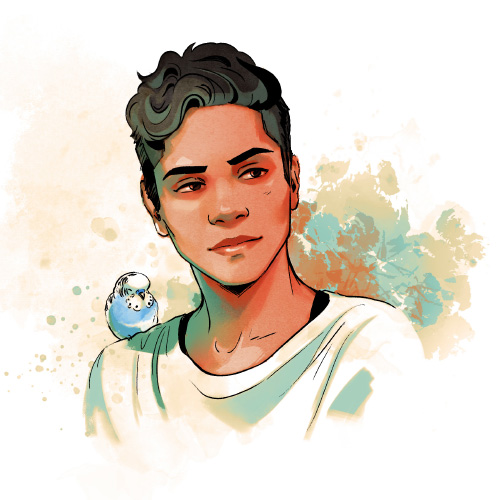 Self-portrait of Bob, an ambiguously gendered person with short black hair, medium toned skin, a white shirt, and a blue budgie on their shoulder.