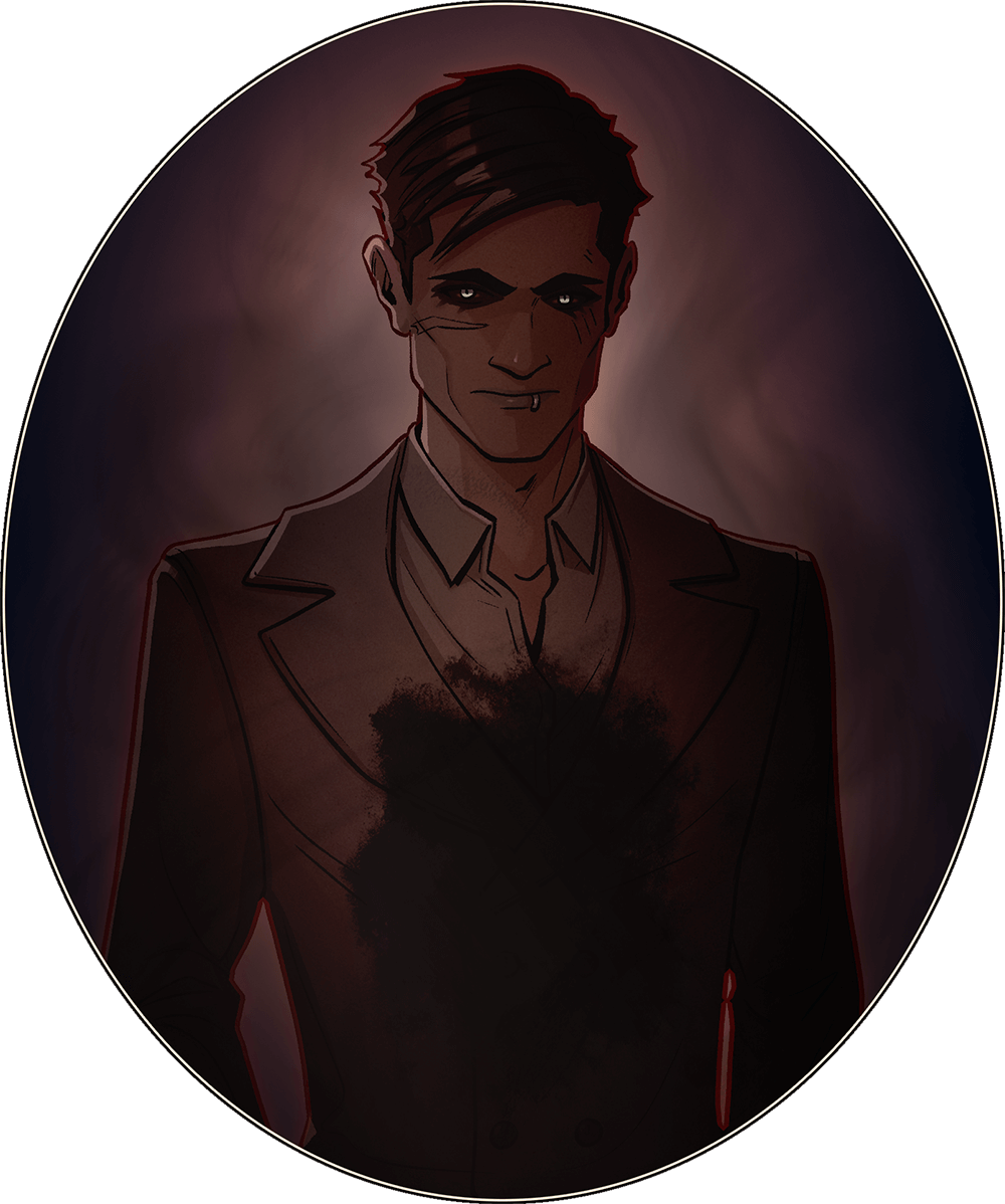 Portrait of Alastor, a red-tinted ghost with black smoke rising from his shoulders. He's a tall, square-jawed, dark-skinned man with short, messy black hair, a horizontal scar on his right cheek, three vertical scars on his left cheek, and a lip ring. His eyes are obscured within inky black sockets, but his irises glow white. He wears a trench coat and a shirt unbuttoned at the collar. On his chest is a large, inky black stain suggesting a serious chest injury.