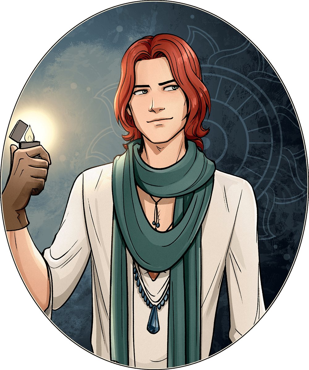 Portrait of Blaze, a thin, androgynous man in his twenties with shoulder-length red hair, blue-green eyes, a teal scarf, a loose tunic shirt, two necklaces, and gloves. He's smiling and holding a lit lighter.