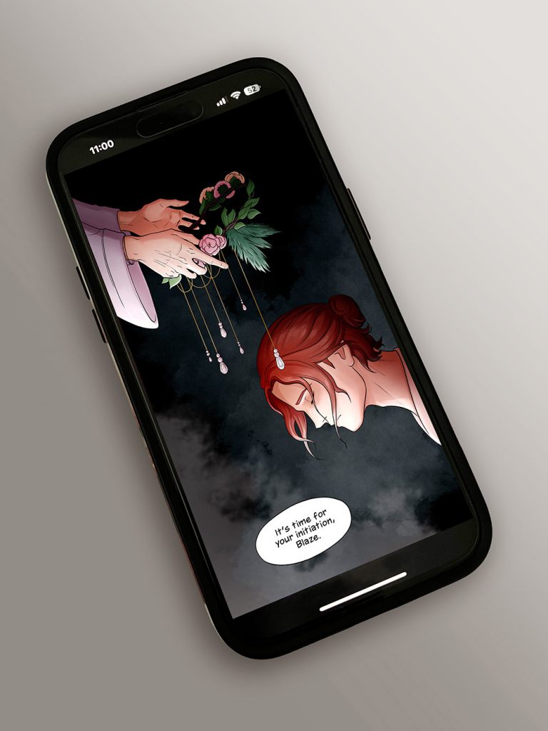 The first panel of Into the Smoke is shown on a smartphone. Madame Evelyn holds a floral headpiece over young Blaze's head and says, "It's time for your initiation, Blaze."