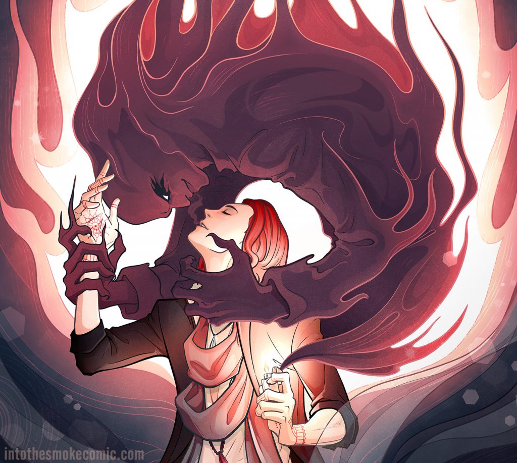 Blaze, a spirit medium with shoulder-length red hair and tattooed hands uses a lighter to summon Alastor, a dark, smoky ghost, who holds the medium while inhaling his breath.