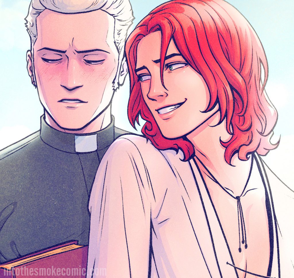 Blaze leans flirtatiously against Judd and smiles at him. Judd, wearing a Roman collar and carrying a bible, blushes and shifts his gaze away.