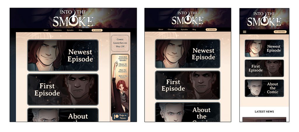 Three side-by-side views of Into the Smoke's homepage: desktop with a two-column layout and top menu, tablet with a one-column layout and top menu, and mobile with a one-column layout and expandable menu.