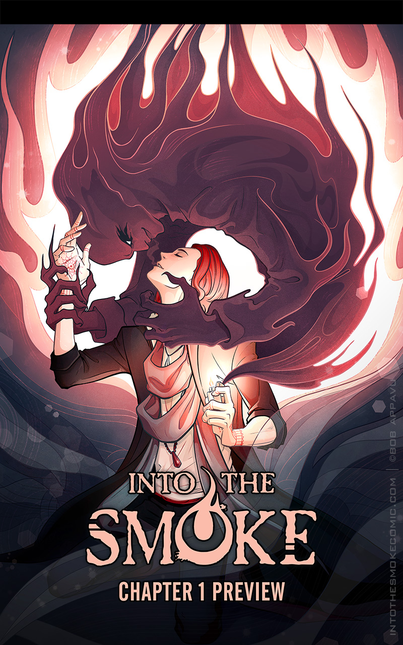 The cover of Into the Smoke chapter 1. Blaze, a spirit medium with shoulder-length red hair and tattooed hands uses a lighter to summon Alastor, a dark, smoky ghost, who holds the medium while inhaling his breath. Text reads, Into the Smoke: Chapter 1 Preview.