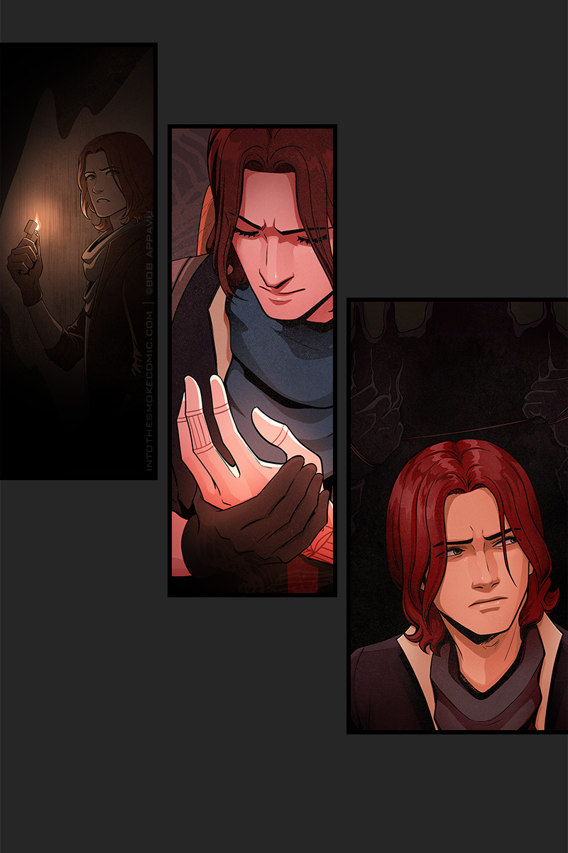 Three successive narrow panels show Blaze. First, he holds up a lit lighter in a dark space and looks around. Second, he scrunches his eyebrows as he holds his glowing, un-gloved left hand with his gloved right hand. Third, he squints and glances around with a focused, searching expression. Barely visible behind him are two smoky black hands holding a taut length of wire.