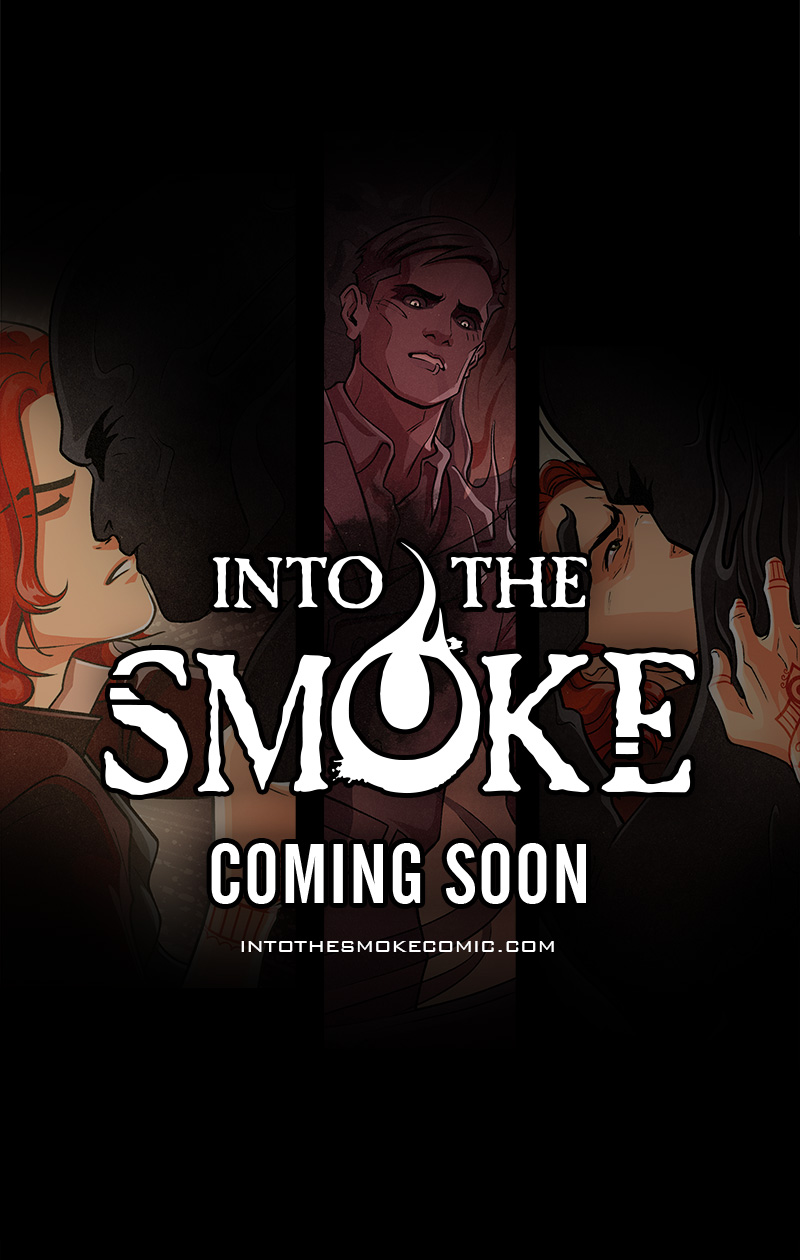 Three semi-obscured panels show Blaze’s lips about to meet the smoky ghost, Alastor’s ghost with white irises, and Blaze looking overcome as he clutches the smoky ghost, their mouths pressed together. Above the dark panels, text appears: Into the Smoke, coming soon. Intothesmokecomic.com.