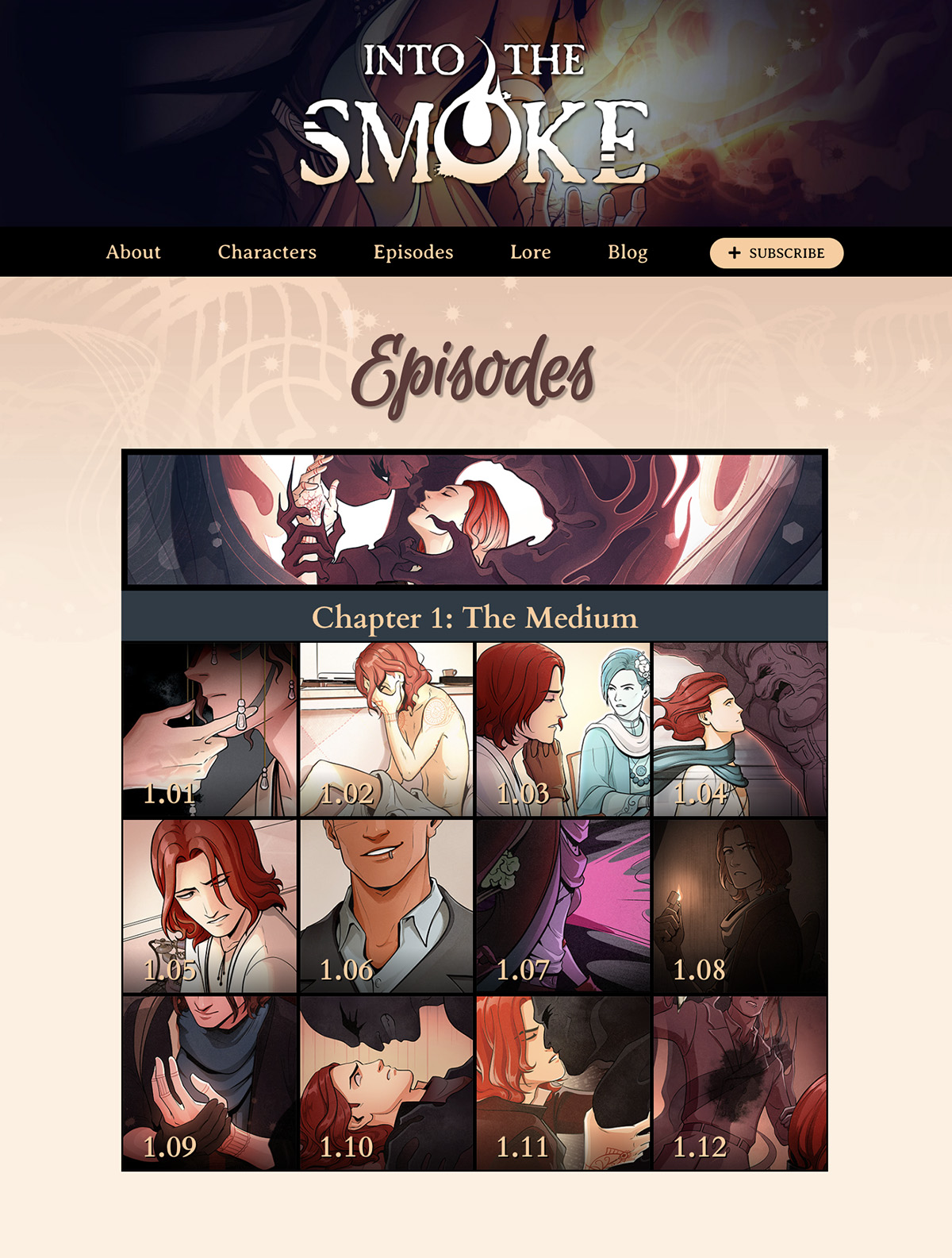 A screenshot of the Into the Smoke website's Episodes page, showing thumbnails of chapter 1.