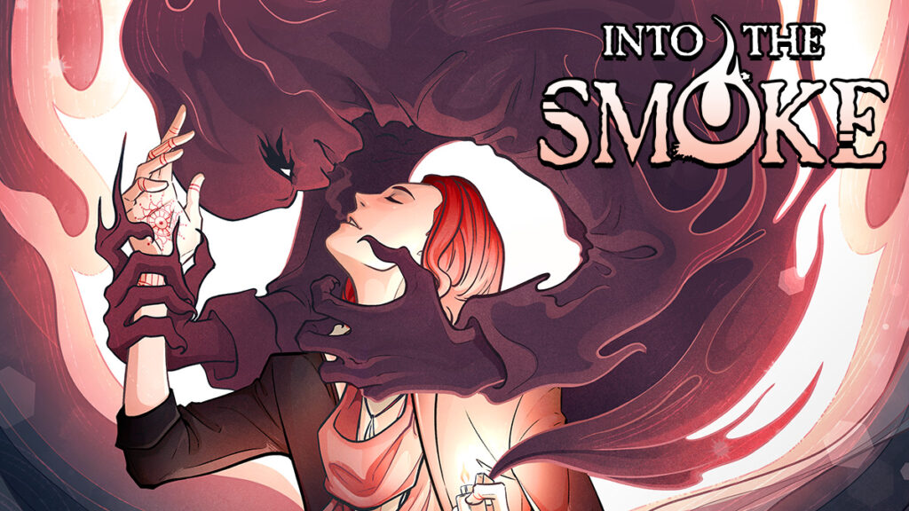 Banner with the text Into the Smoke. The image shows Blaze using a lighter to summon Alastor, a dark, smoky ghost, who holds the medium while inhaling his breath.