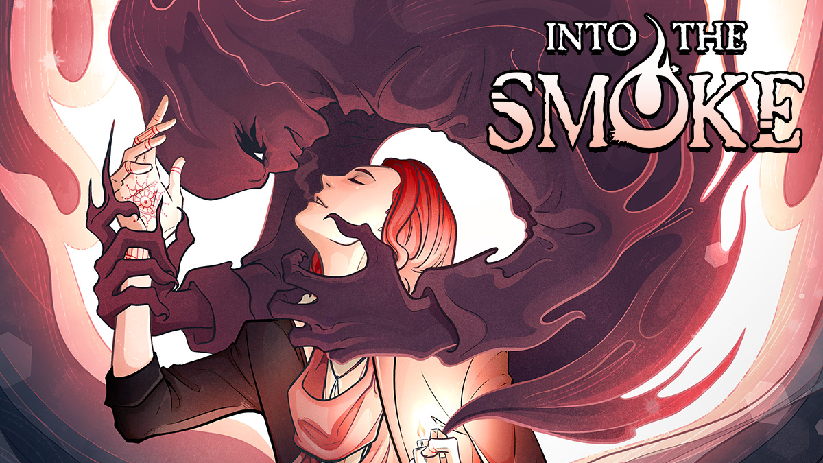 An androgynous young man with shoulder-length red hair and tattooed hands uses a lighter to summon a dark, smoky ghost, who caresses the man while inhaling his breath. Swirls and patterns surround them in the shape of a flame. Title: Into the Smoke.