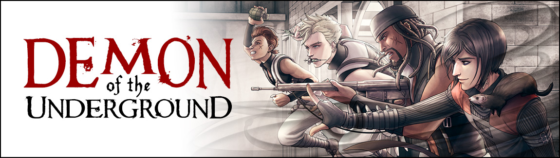 Banner for Demon of the Underground: Webcomic. The four main characters of the comic are shown in the midst of battle: Jordana, Merritt, Samsid, and Pogo.