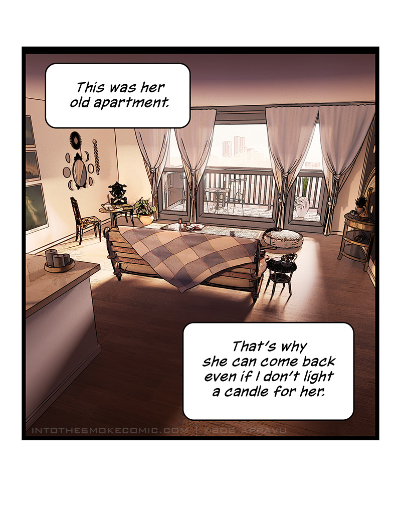 The view shifts to a wide shot of Blaze’s living room area.  Blaze narrates, “This was her old apartment. That’s why she can come back even if I don’t light a candle for her.” Sun shines from floor-to-ceiling windows, the gauzy curtains pulled back and knotted to reveal a balcony beyond. An Oriental rug lies on the floor beside the windows, with various cushions atop it for lounging. The furniture style is eclectic, with a seating area of antique chairs and a small table to the left. Above it is a mirror on the wall surrounded by six ornaments in the shapes of the moon’s phases and a sun-shaped ornament above.  Beside it, a string of beads hangs on the wall, and a potted plant sits nearby. Abstract celestial art hangs on the walls.