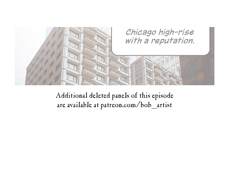 A cropped panel shows a high-rise building. Text reads: Additional deleted panels of this episode are available at patreon.com/bob_artist