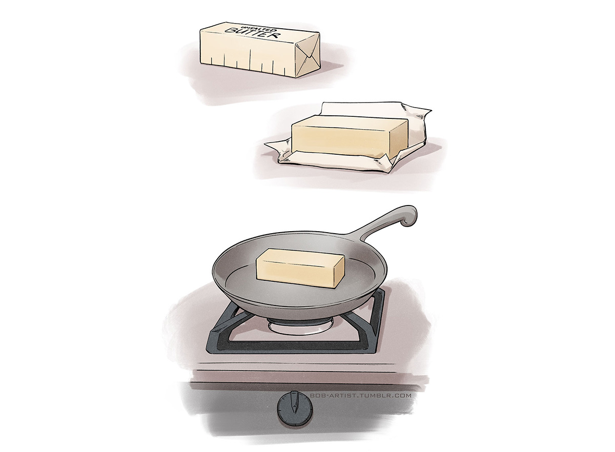 A series of three illustrations. The first is a wrapped stick of unsalted butter. The second shows the butter partially unwrapped. The third shows the butter in a skillet on a gas stove burner.