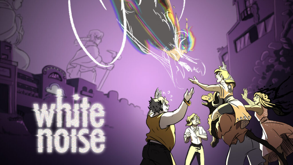 A banner for the webcomic White Noise, with the logo in one corner. It depicts something or someone falling from the sky, with the ghost of some creature with gaping jaws overlaid on it. A small group of five people stand beneath with their arms raised as if to catch the falling creature; most of them are human in appearance, though one of them is all black and has the head of a goat, and another has long black hair which is dissolving into the darkness.