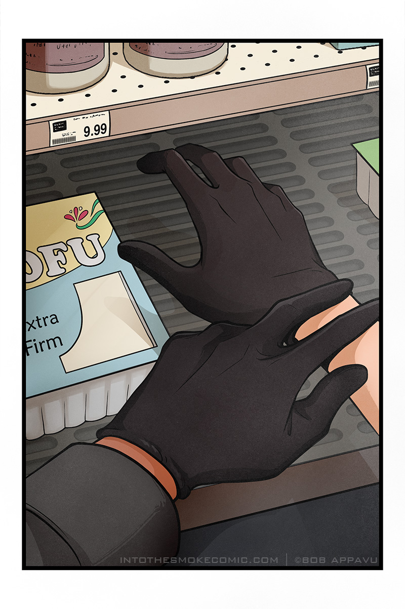 A black-gloved hand reaches out toward Blaze’s gloved hand, two fingers tapping the back of his wrist.