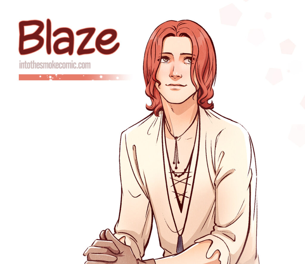 Cropped character art of Blaze, who sits peacefully with his hands clasped in his lap. Text: Blaze. intothesmokecomic.com