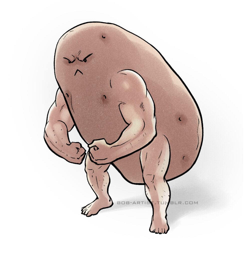 A drawing of potato with muscular arms and legs.