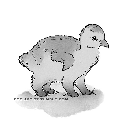 A grayscale illustration of a gosling with kitten legs.