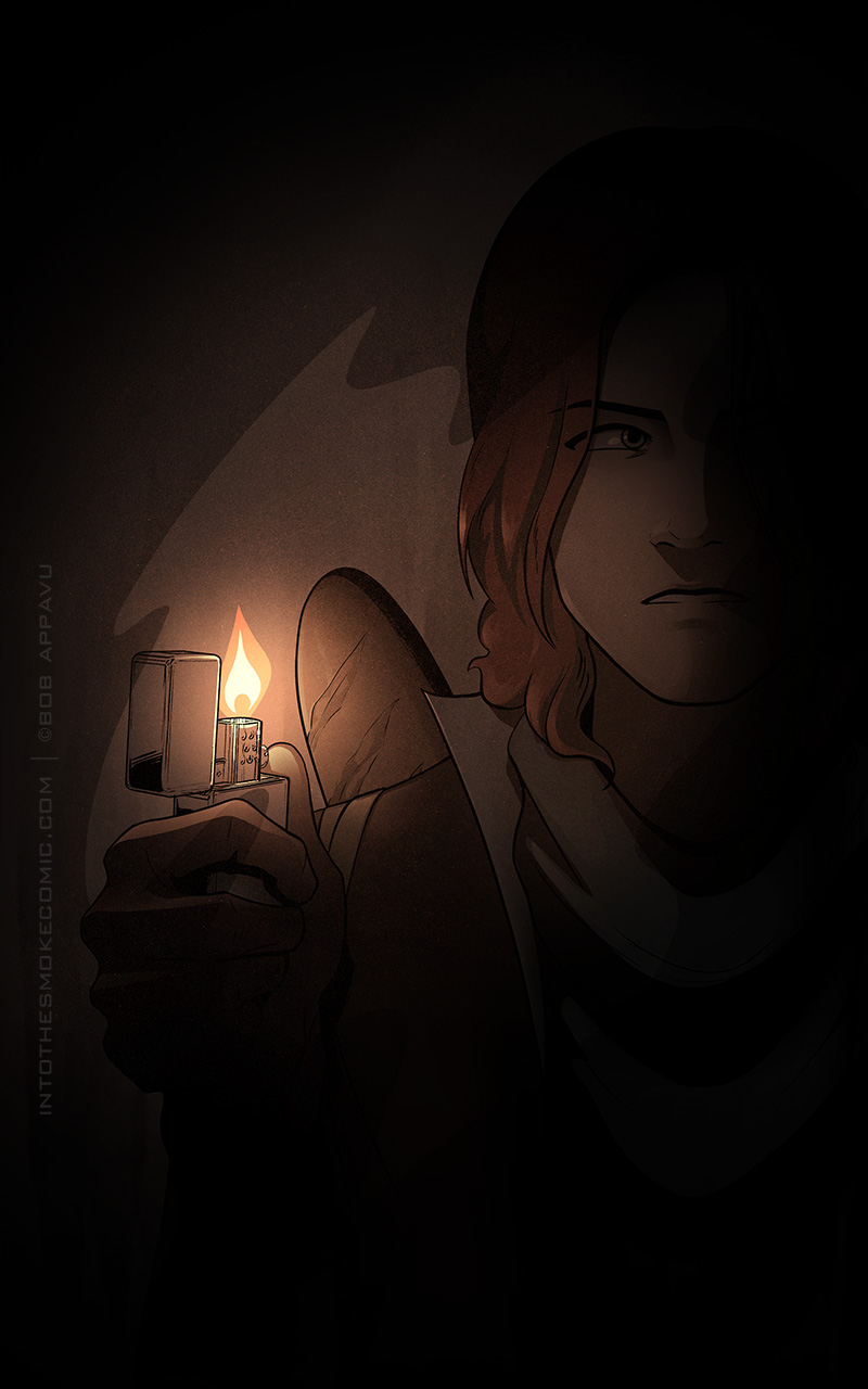 In the darkness, Blaze holds up his lighter, casting a faint glow on his face as he glances around.