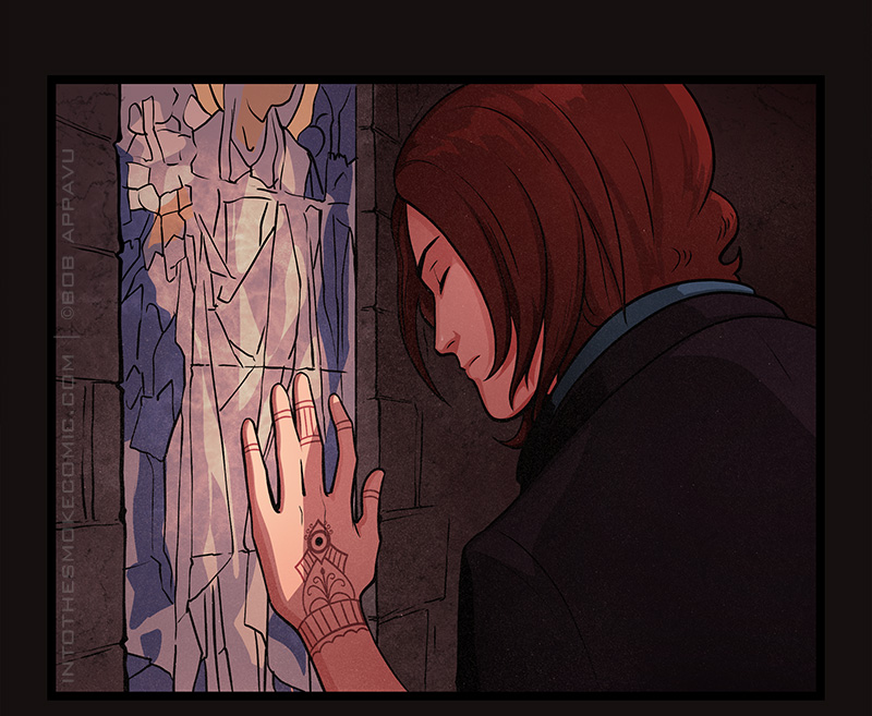 He holds his left hand up to a stained glass window.