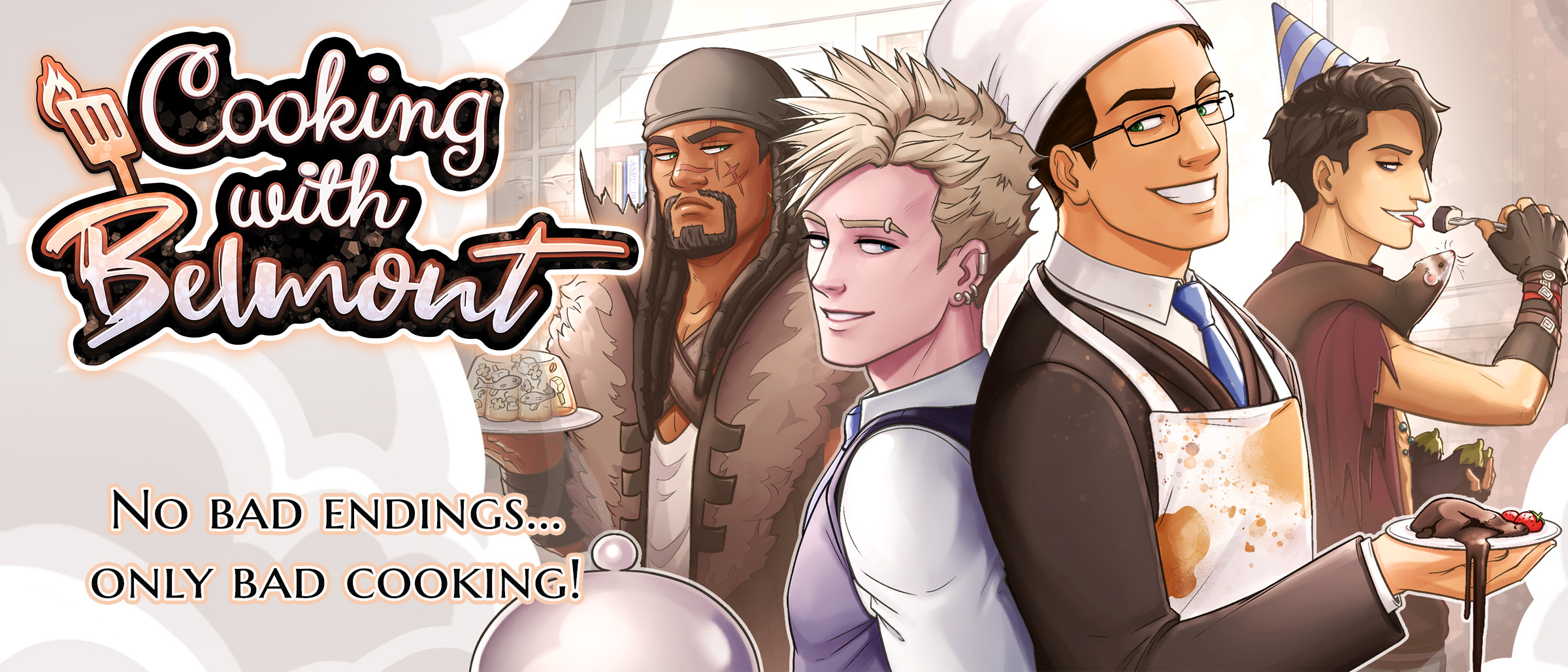 Promo art for the visual novel Cooking with Belmont. A logo with a flaming spatula reads, "Cooking with Belmont." Tagline reads: "No bad endings, only bad cooking." Beside the text are two men standing back to back. One is shorter and blond, and he carries a covered dish. The other, a taller brunet, wears a chef's hat and glasses while carrying a collapsed and dripping lava cake. Behind them on the left, a black man with dreadlocks carries a 1950s style aspic dish. Behind them on the right, a black-haired man with a birthday hat wears a sly expression while about to eat an eggplant slice.
