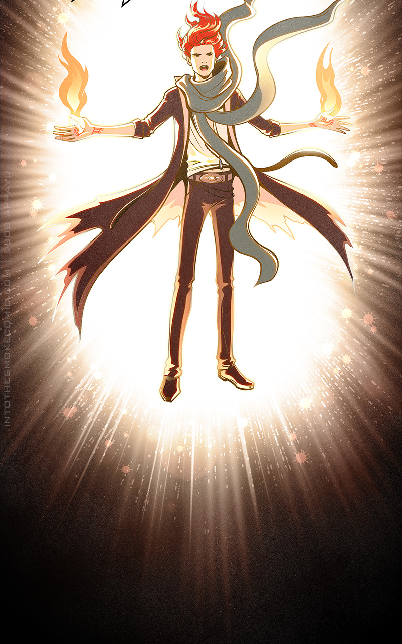 A blinding, sparkling starburst of light surrounds him.