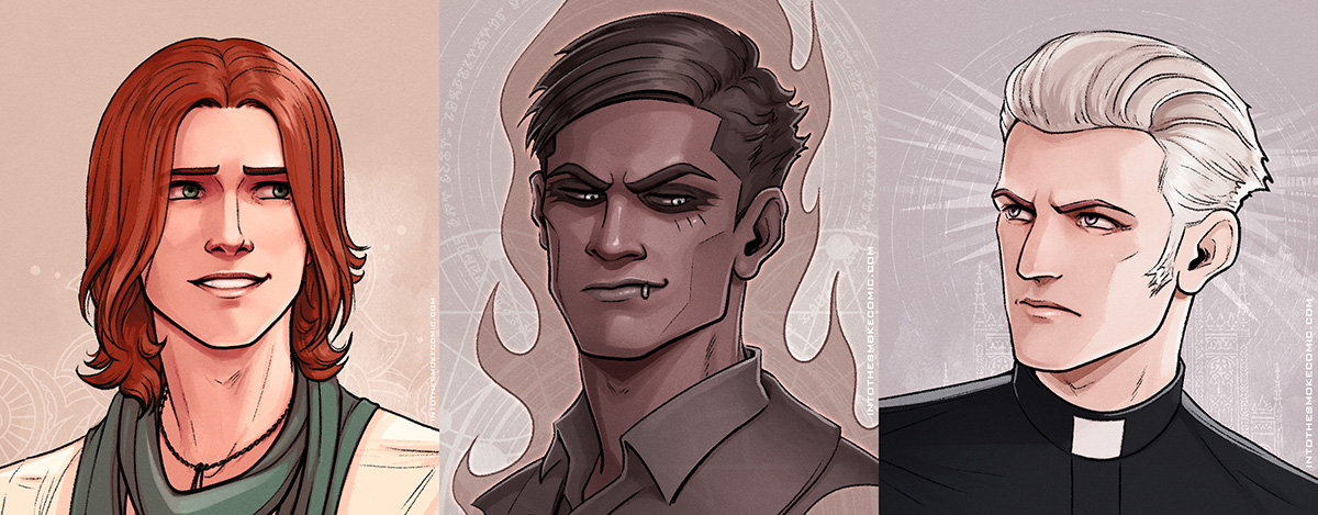 Painted portraits of Blaze, Judd, and Alastor, focusing on their faces.