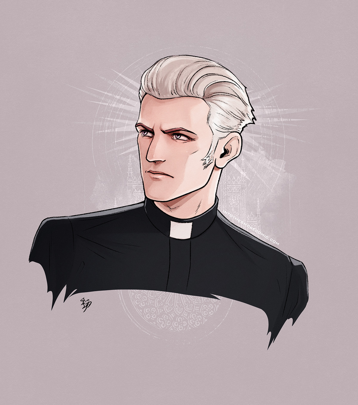 Painted bust of Judd from Into the Smoke, a Catholic priest with a stern face, slicked-back white hair, long sideburns, and a black shirt with a Roman collar, with faint designs of cathedral architecture in the background and thorns of light around his head. Watermark reads intothesmokecomic.com