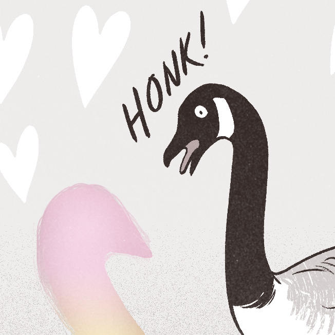 A cropped preview image from Bob's submission to the Nib and Ink Fest's Oops All Comics zine, which shows a goose honking at a multicolored, goose-shaped object. Hearts appear in the background.