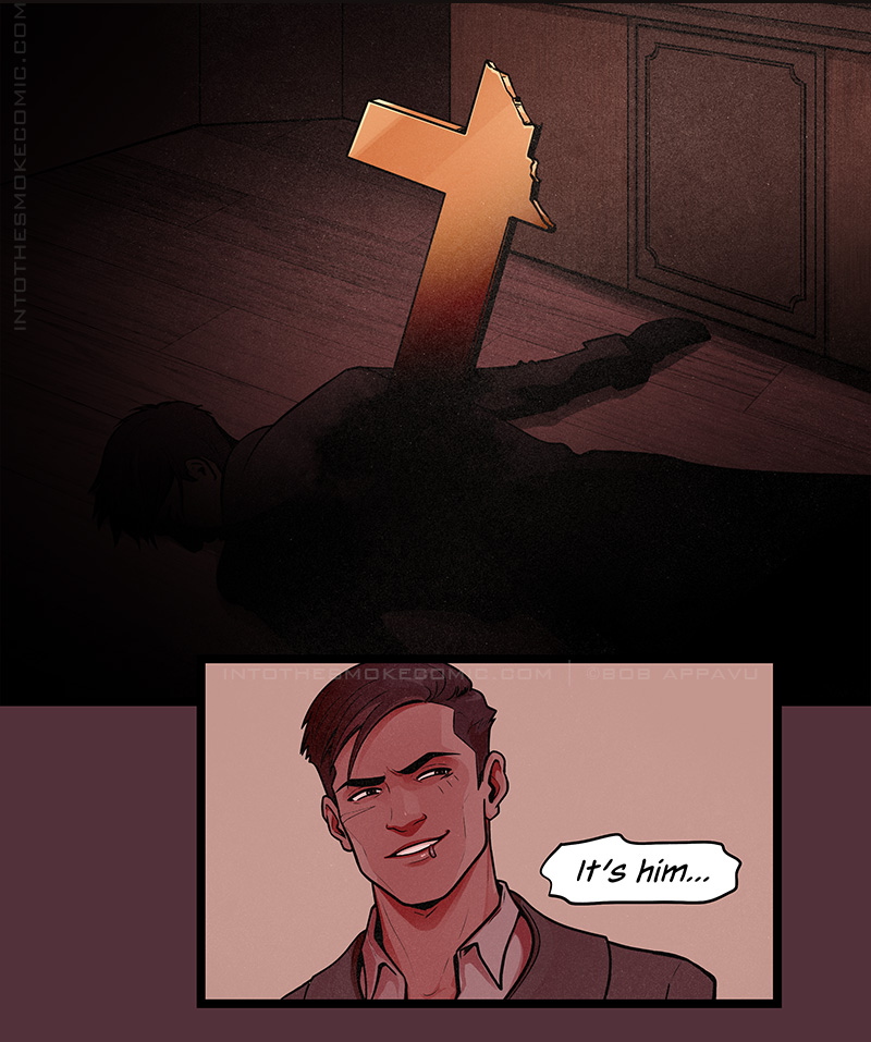 A dead body lies on the floor in shadow, face down, impaled through the back with a large, broken gold cross.

A flashback shows the face of the handsome man who returned Blaze’s phone. Blaze’s thought bubble reads, “It’s him…”