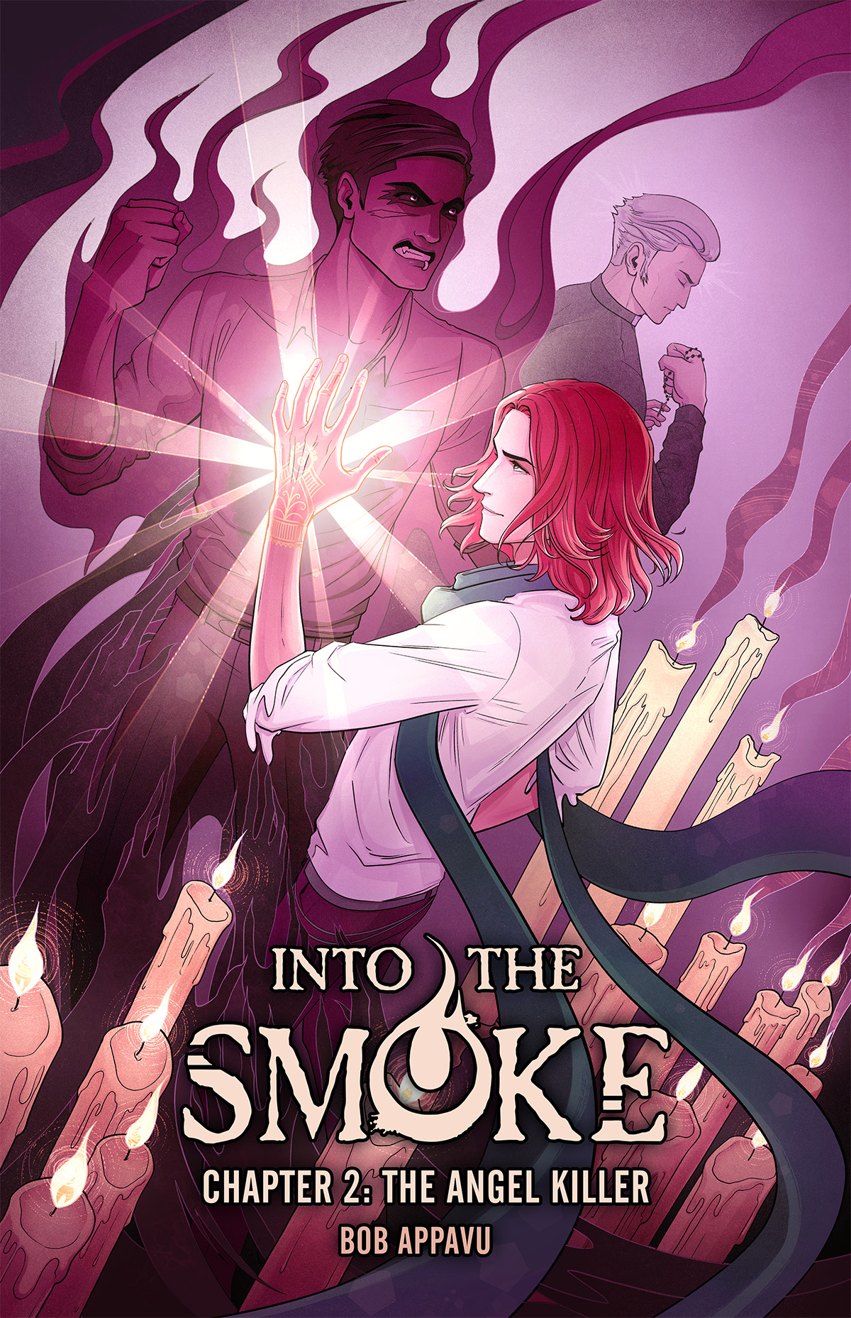 Cover art in tones of purple and gold. Blaze, an androgynous young man with shoulder-length red hair and a low, flowing green scarf, stands amid a sea of tall, lit candles. His tattooed hand illuminates and radiates light as he holds it up to the chest of Alastor, an angry, smoky ghost with dark hair and glowing white irises. In the background, Judd, a priest in a black shirt and Roman collar with slicked-back white hair and long sideburns, bows his head and clutches a string of rosary beads. Text reads: Into the Smoke. Chapter 2: The Angel Killer. Bob Appavu.