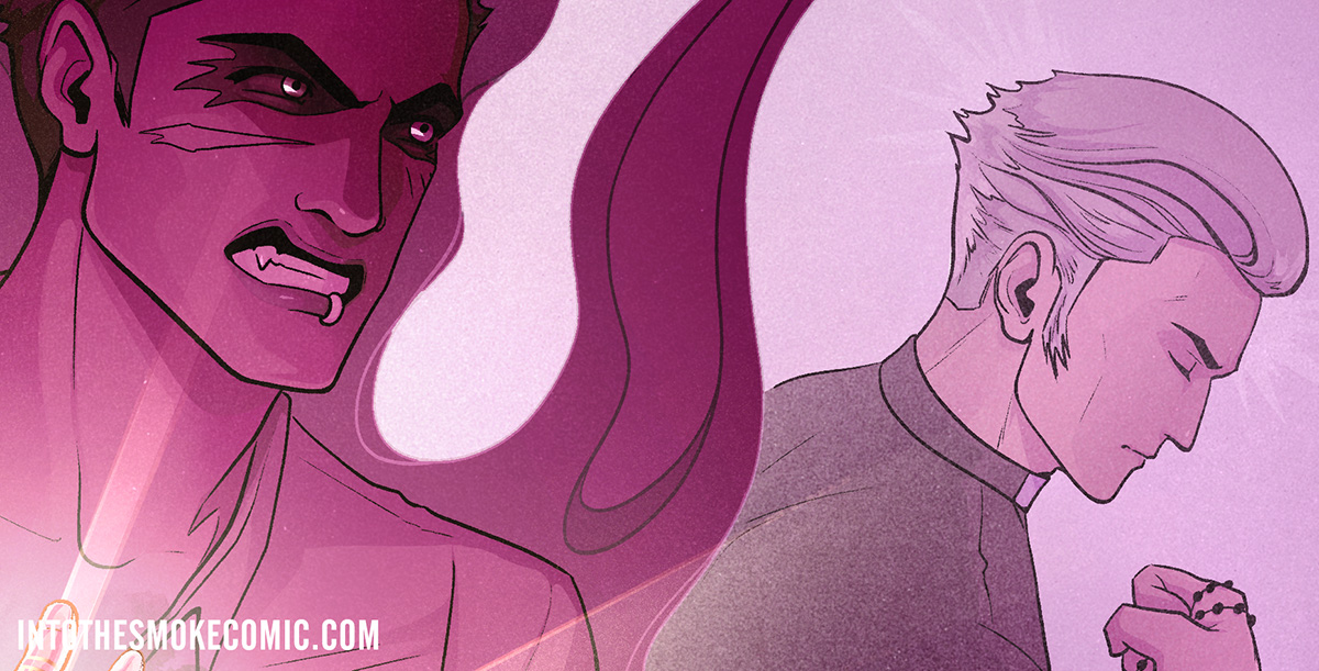 Detail shot of the Into the Smoke chapter 2 cover, with a focus on Alastor and Judd.