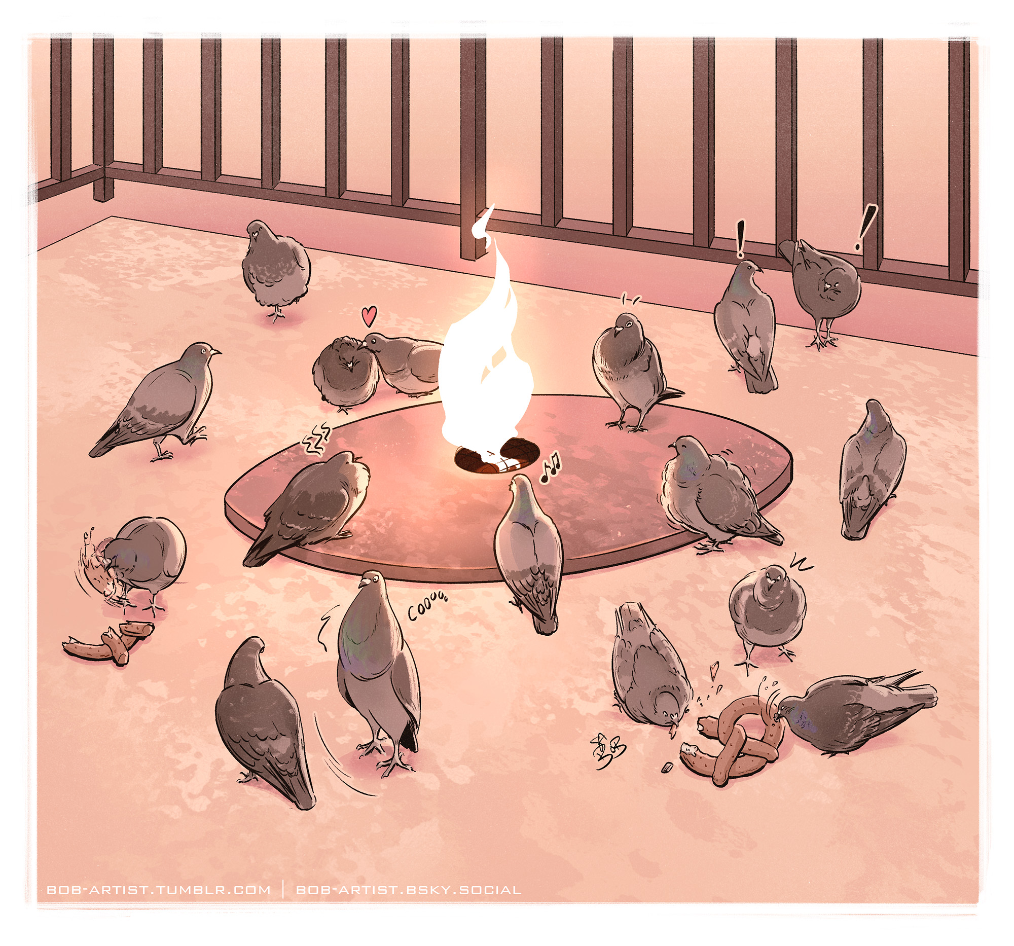 An illustration of a group of pigeons sitting around the Eternal Flame, which resembles a gas fire pit about the size of a small plate, in downtown Chicago. The pigeons nearest to the flame sit puffed and contented. Nearby several pigeons tear apart large pretzels with feral glee. A male pigeon stands tall and coos while trying to impress a disinterested female. Two pigeons in the background look like they’re about to fight, another struts, and another perches on one foot.