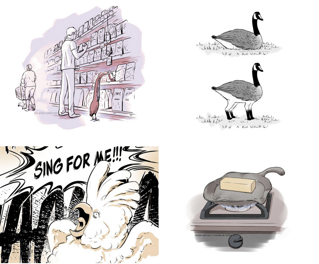 Four thumbnails of past minicomics, including Bittern at the Grocery Store, Canada Griffin, POTO Parrot, and Melting Butter.