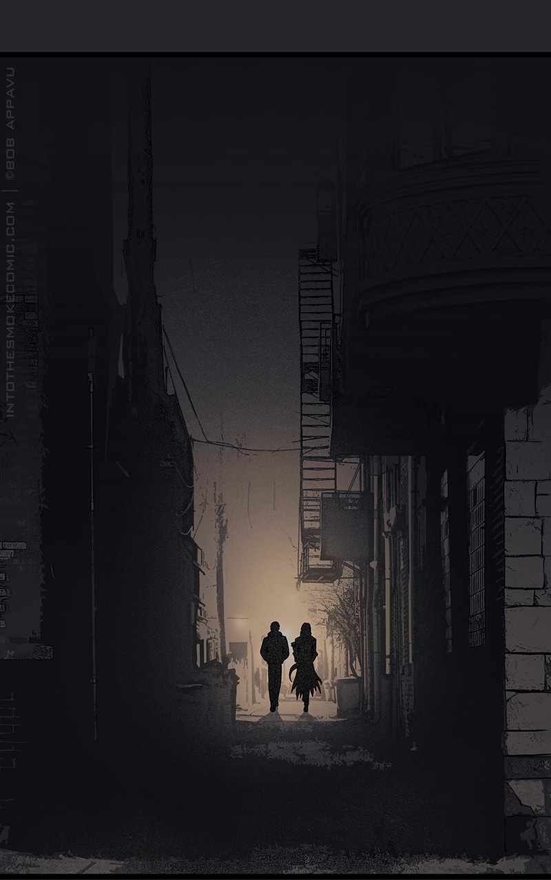 Their silhouettes are shown side by side as they exit the brightly lit streets and walk down a dim alley with weathered brick siding, fire escapes, and garbage bins.