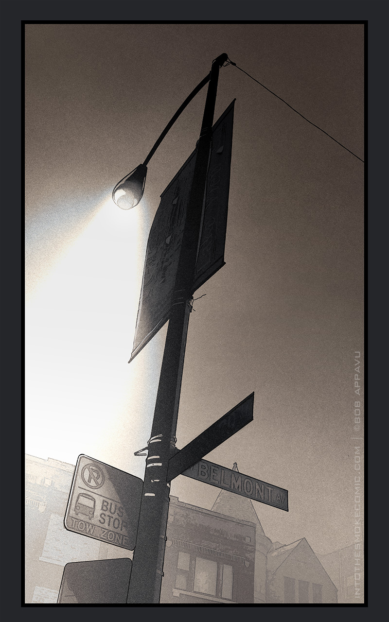 A street light shines down in the darkness. The pole has two street signs. One reads Belmont Av. Lower on the pole is a no-parking sign that reads, “Bus stop. Tow zone.”