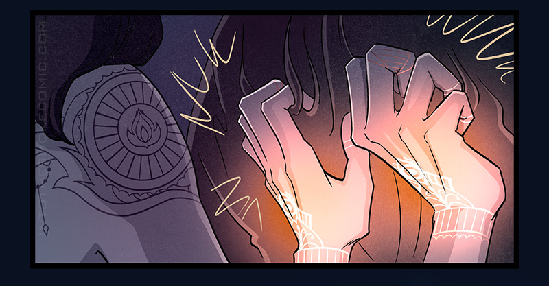 Blaze’s tattooed hands glow orange as he presses them against the ghost’s chest.