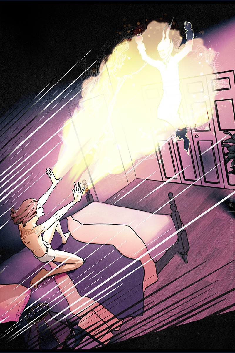 Blinding orange flames burst out of Blaze’s palms, illuminating the room and slamming the ghost against the far wall. Blaze kneels on his bed, holding his arms out in front of him and directing the fire.