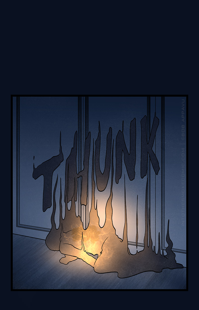 The ghost slides down to the floor with a loud THUNK, his midsection cracked and glowing orange with the energy from Blaze’s flames.