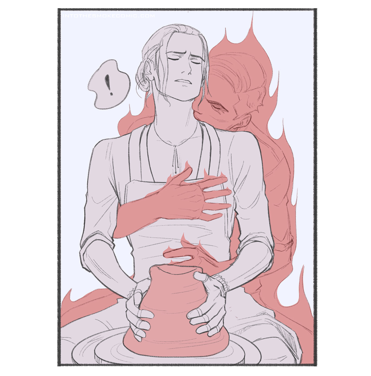 A three-tone sketched minicomic panel related to the webcomic Into the Smoke. Blaze wears a smock and works at a potter's wheel while Alastor, a smoky ghost, caresses him from behind and kisses his neck.