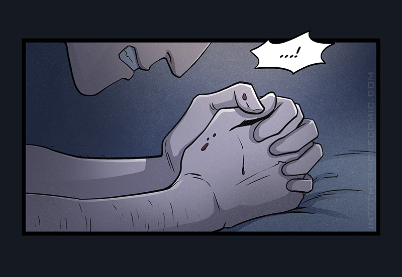 He continues clenching his teeth in stunned silence as red droplets splatter on his clasped hands.