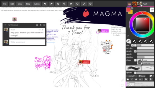 A screenshot of Into the Smoke's anniversary mural in the collaborative drawing app Magma.
