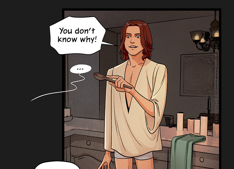 Blaze’s eyes light up, and he smiles with recognition. Eagerly pointing the wooden spoon at the ghost, he exclaims, “You don’t know why!” From off panel, the ghost responds with silence.