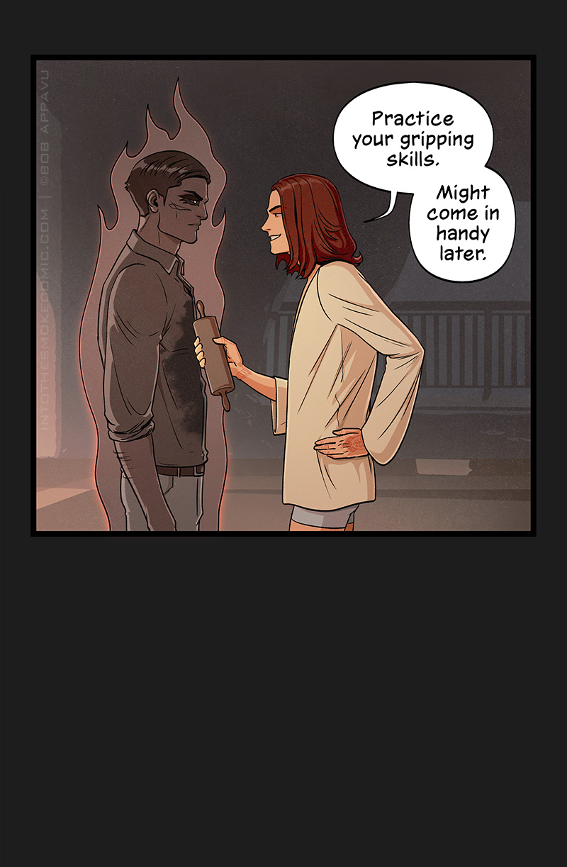 Blaze holds a wooden rolling pin out to Alastor’s chest and says, “Practice your gripping skills. Might come in handy later.”