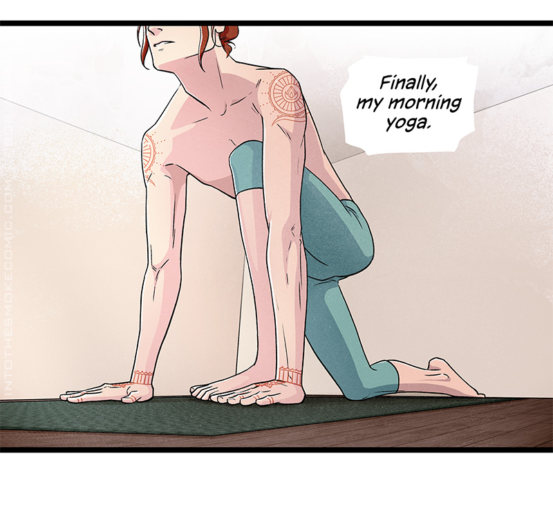In a brightly sunlit room, Blaze does a left leg lunge on a green yoga mat. He’s shirtless and wears calf-length teal leggings. He narrates, “Finally, my morning yoga.”