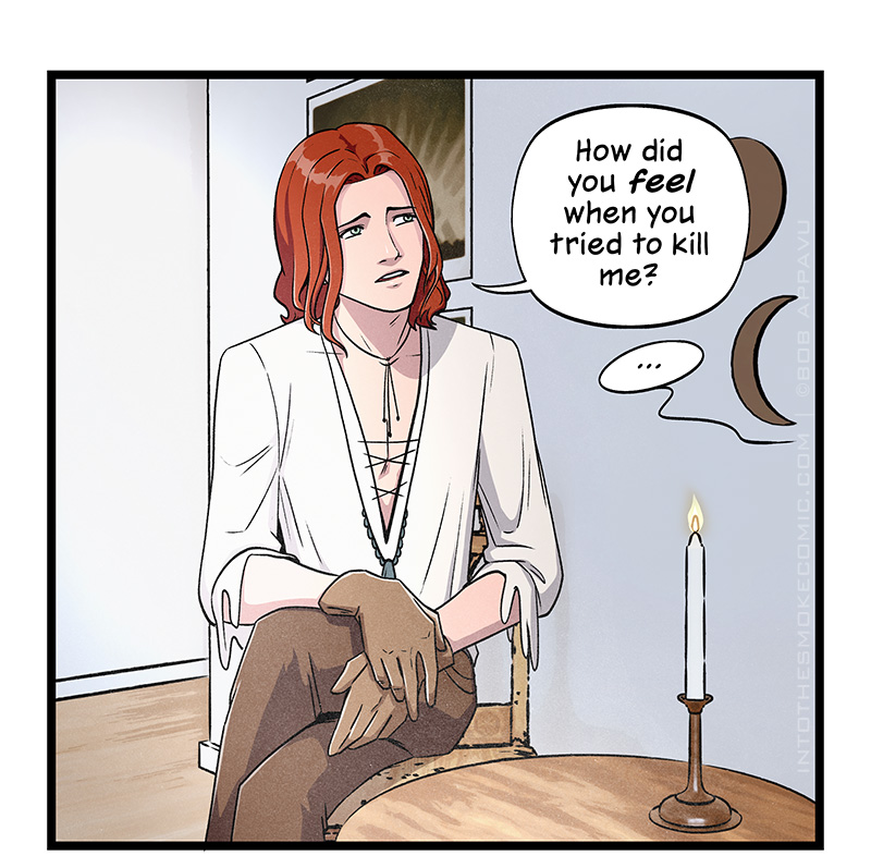 Blaze tilts his head with a look of sensitive concern and asks, “How did you feel when you tried to kill me?” Alastor doesn’t respond.