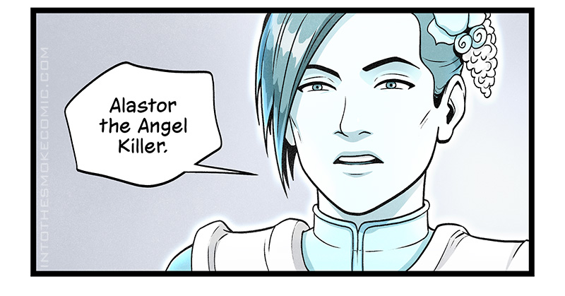 Evie narrows her eyes and says, “Alastor the Angel Killer.”