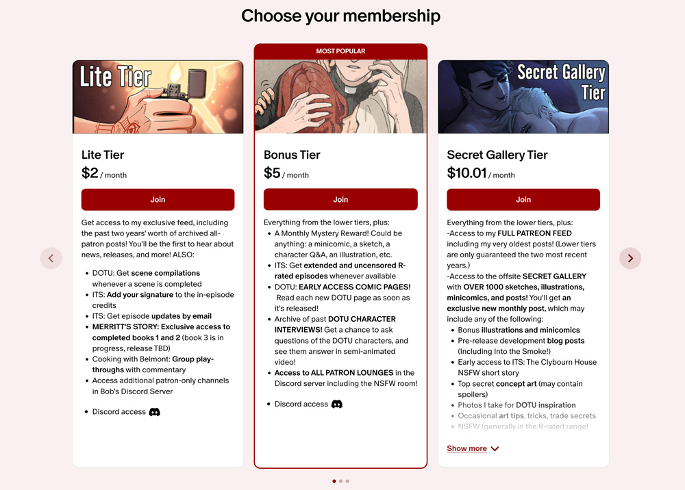 Screenshot from bob_artist's Patreon membership tiers page. Three tiers are shown, along with scroll arrows to denote additional tiers. On the screen are a $2 Lite Tier, a $5 Bonus Tier highlighted as most popular, and a $10.01 Secret Gallery Tier. Dozens of available perks are listed.